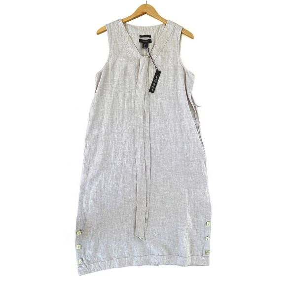 TAHARI NEW 100% Linen Sleeveless Tunic Dress Sz L Belt & Pockets V-Neck Slits - Picture 1 of 14
